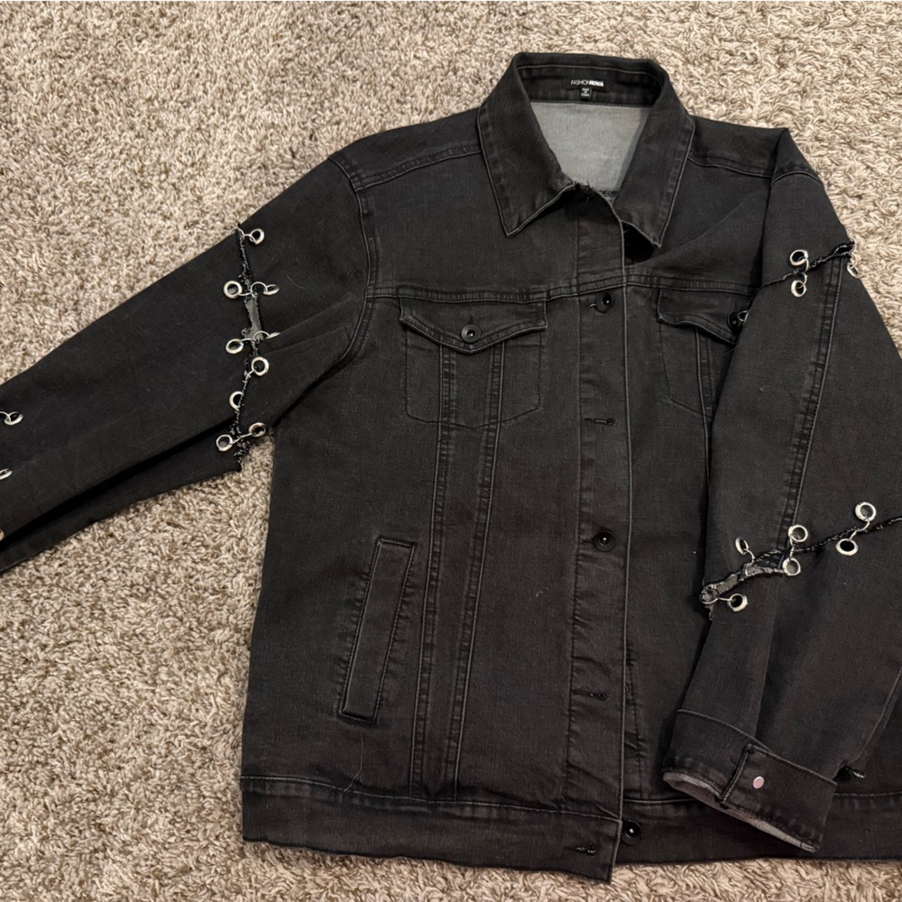 Black Denim Jacket with Silver Eyelet Details